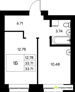 Планировка 1-комн. квартира, 33.71 м² ЖК «Царёво City»