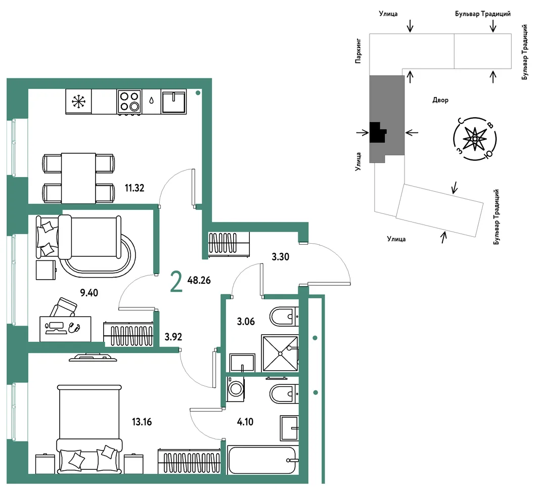 Планировка 2-комн. квартира, 48.26 м² ЖК «Микрорайон Домашний»