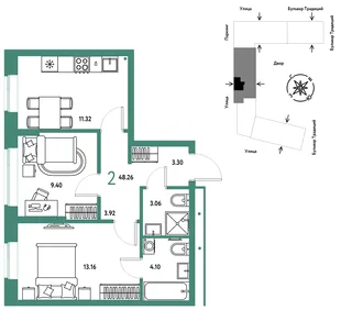 Планировка 2-комн. квартира, 48.26 м² ЖК «Микрорайон Домашний»