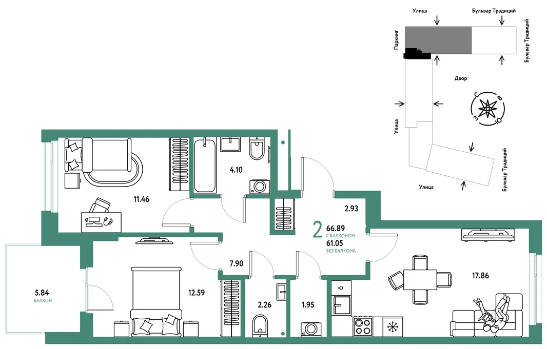 Планировка 2-комн. квартира, 66.89 м² ЖК «Микрорайон Домашний»