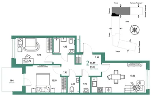 Планировка 2-комн. квартира, 66.89 м² ЖК «Микрорайон Домашний»