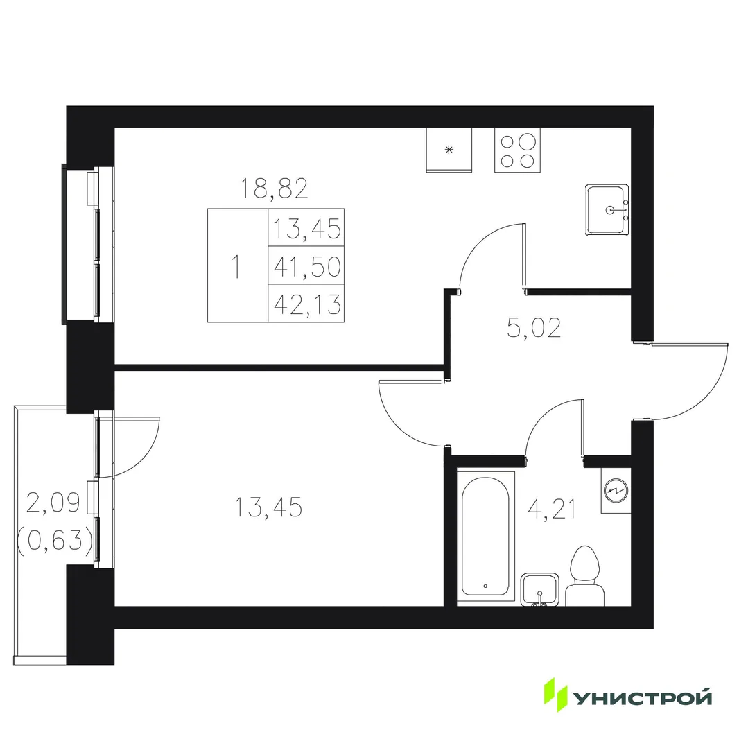 Планировка 1-комн. квартира, 42.13 м² ЖК «Statum»