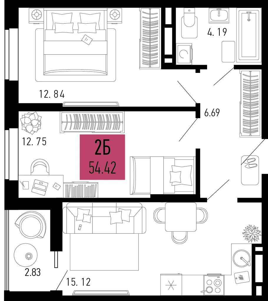 Планировка 2-комн. квартира, 54.42 м² ЖК «Столицыно»