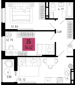 Планировка 2-комн. квартира, 54.42 м² ЖК «Столицыно»