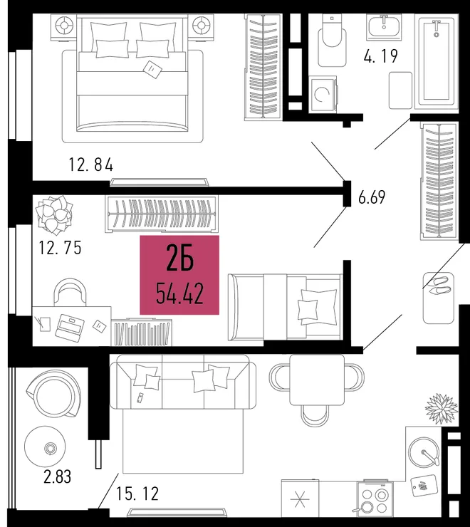 Планировка 2-комн. квартира, 54.42 м² ЖК «Столицыно»
