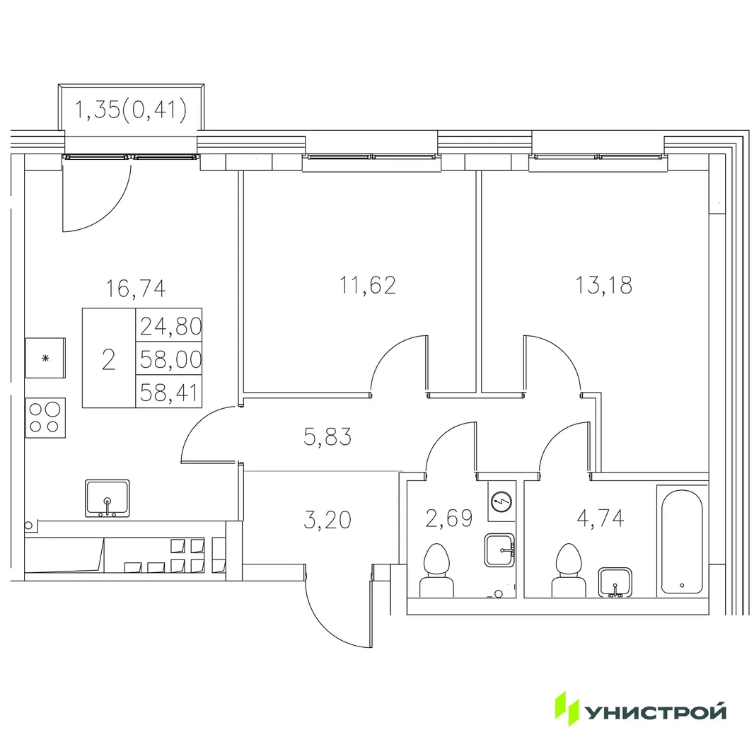 Планировка 2-комн. квартира, 58.41 м² ЖК «Statum»