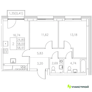 Планировка 2-комн. квартира, 58.41 м² ЖК «Statum»