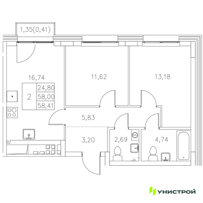 Планировка 2-комн. квартира, 58.41 м² ЖК «Statum» Планировка 2-комн. квартира, 58.41 м² ЖК «Statum»