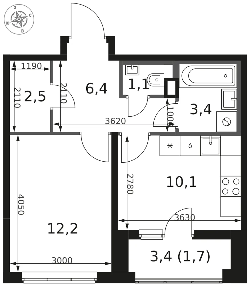 Планировка 1-комн. квартира, 37.4 м² ЖК «1-й Химкинский»
