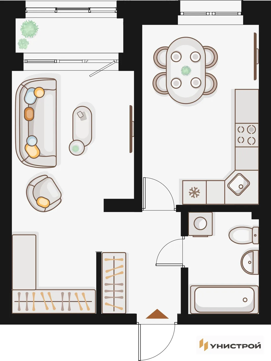Планировка 1-комн. квартира, 41.18 м² ЖК «Жилой кластер Q на Кулагина»
