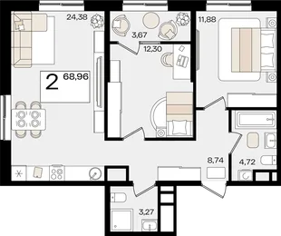 Планировка 2-комн. квартира, 68.96 м² ЖК «Патрики»