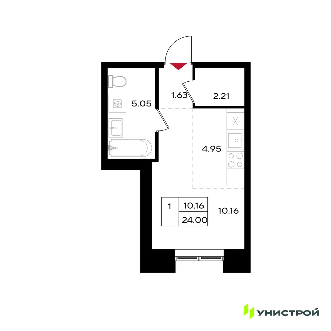 Планировка 1-комн. квартира, 24 м² ЖК «Уникум на Энгельса»