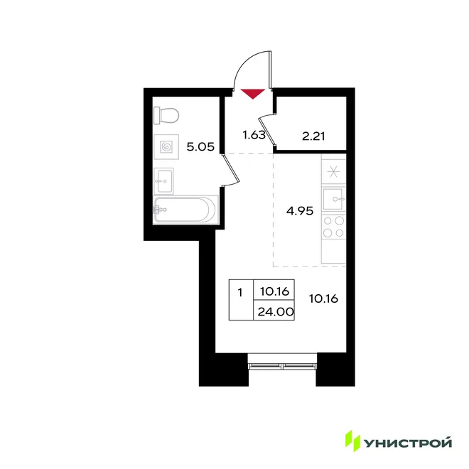 Планировка 1-комн. квартира, 24 м² ЖК «Уникум на Энгельса»