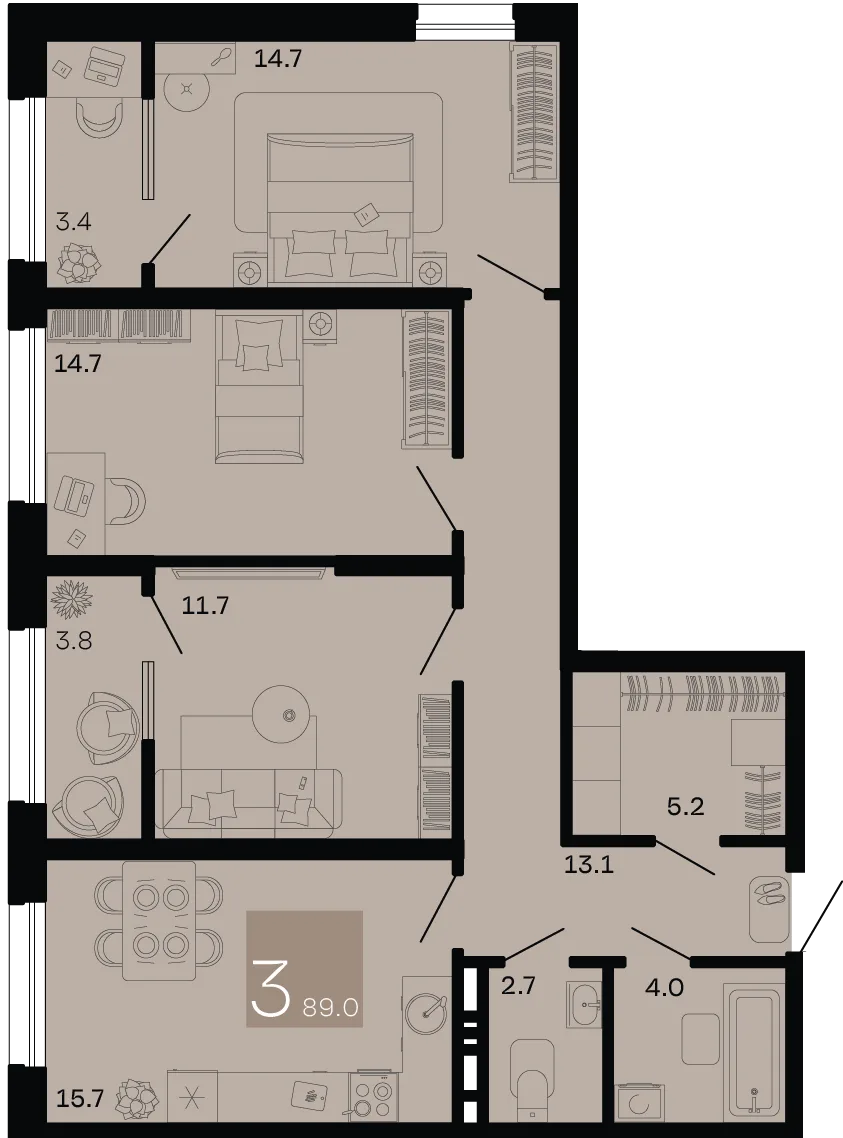Планировка 3-комн. квартира, 89 м² ЖК «Хозяин морей»