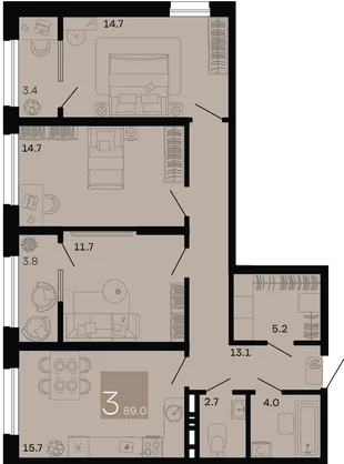Планировка 3-комн. квартира, 89 м² ЖК «Хозяин морей»