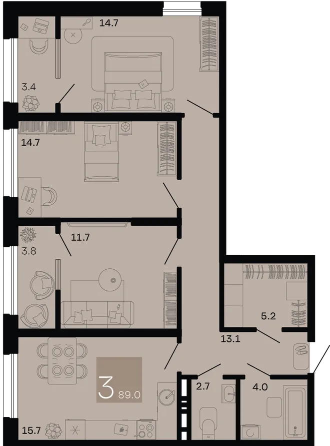 Планировка 3-комн. квартира, 89 м² ЖК «Хозяин морей»