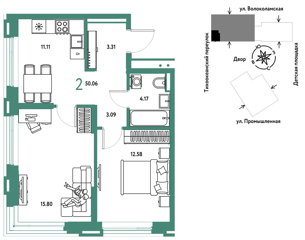 Планировка 2-комн. квартира, 50.06 м² ЖК «Страна Прибрежная»