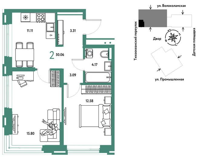 Планировка 2-комн. квартира, 50.06 м² ЖК «Страна Прибрежная» Планировка 2-комн. квартира, 50.06 м² ЖК «Страна Прибрежная»