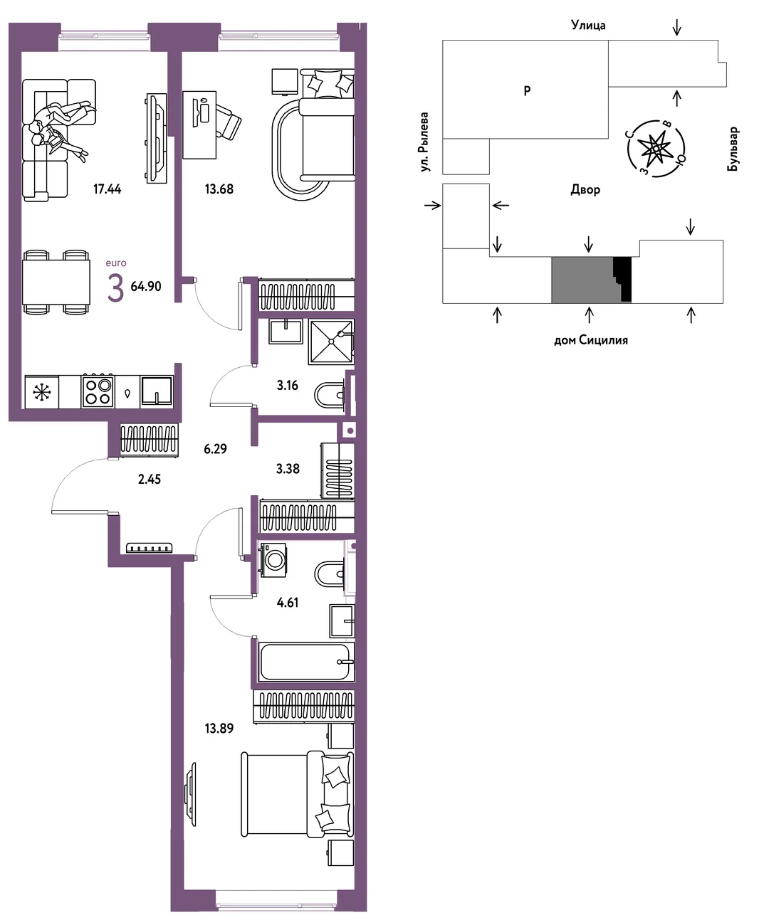 Планировка 3-комн. квартира, 64.9 м² ЖК «Остров-сад»