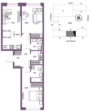 Планировка 3-комн. квартира, 64.9 м² ЖК «Остров-сад»
