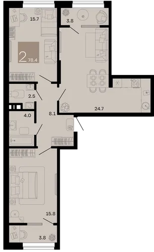 Планировка 2-комн. квартира, 78.4 м² ЖК «Хозяин морей»