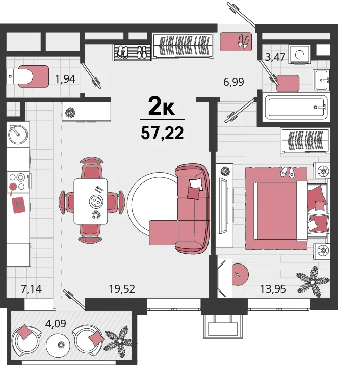 Планировка 2-комн. квартира, 57.22 м² ЖК «Родные просторы»