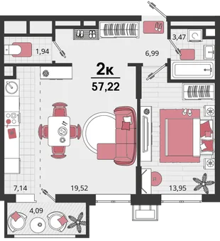 Планировка 2-комн. квартира, 57.22 м² ЖК «Родные просторы»