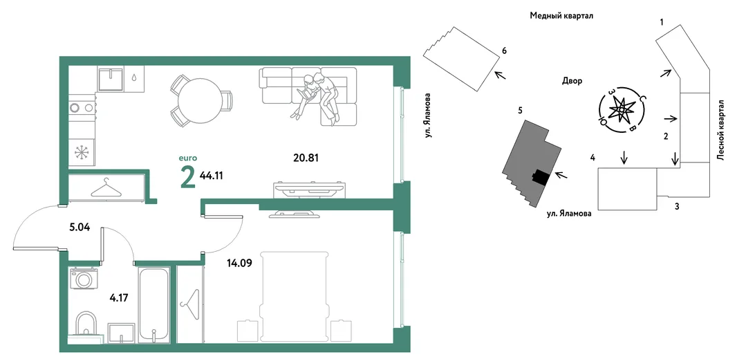 Планировка 2-комн. квартира, 44.11 м² ЖК «Сибирский сад»