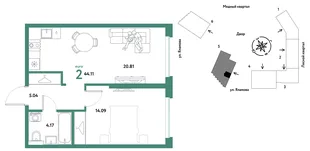 Планировка 2-комн. квартира, 44.11 м² ЖК «Сибирский сад»