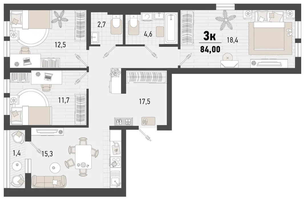 Планировка 3-комн. квартира, 85.3 м² ЖК «Барса»