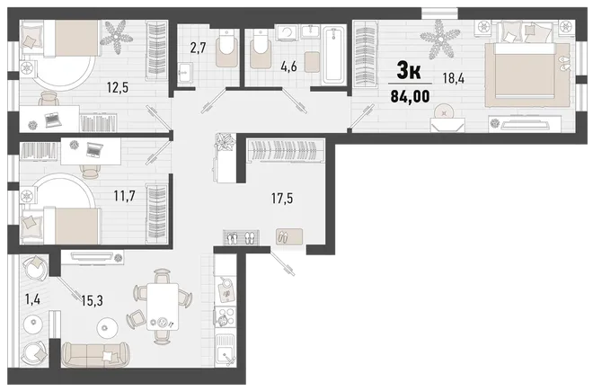 Планировка 3-комн. квартира, 85.3 м² ЖК «Барса» Планировка 3-комн. квартира, 85.3 м² ЖК «Барса»