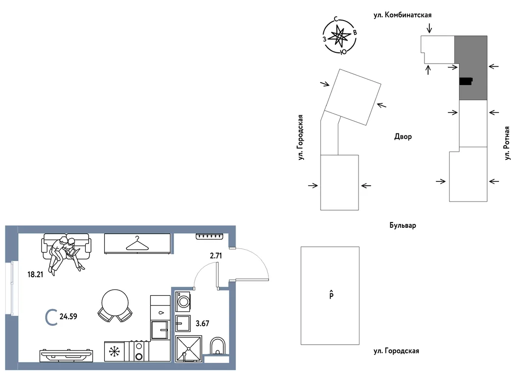 Планировка Студия, 24.59 м² ЖК «Уральский сад»