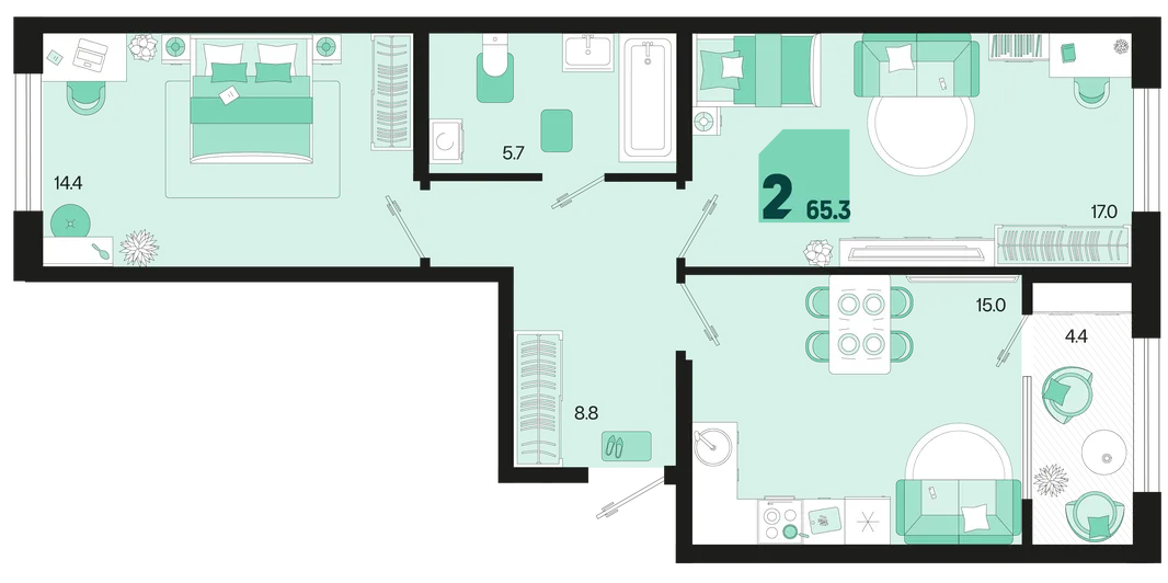 Планировка 2-комн. квартира, 65.3 м² ЖК «Первое место»