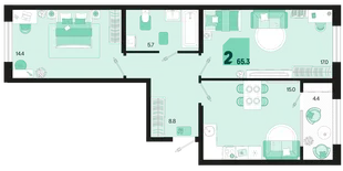 Планировка 2-комн. квартира, 65.3 м² ЖК «Первое место»