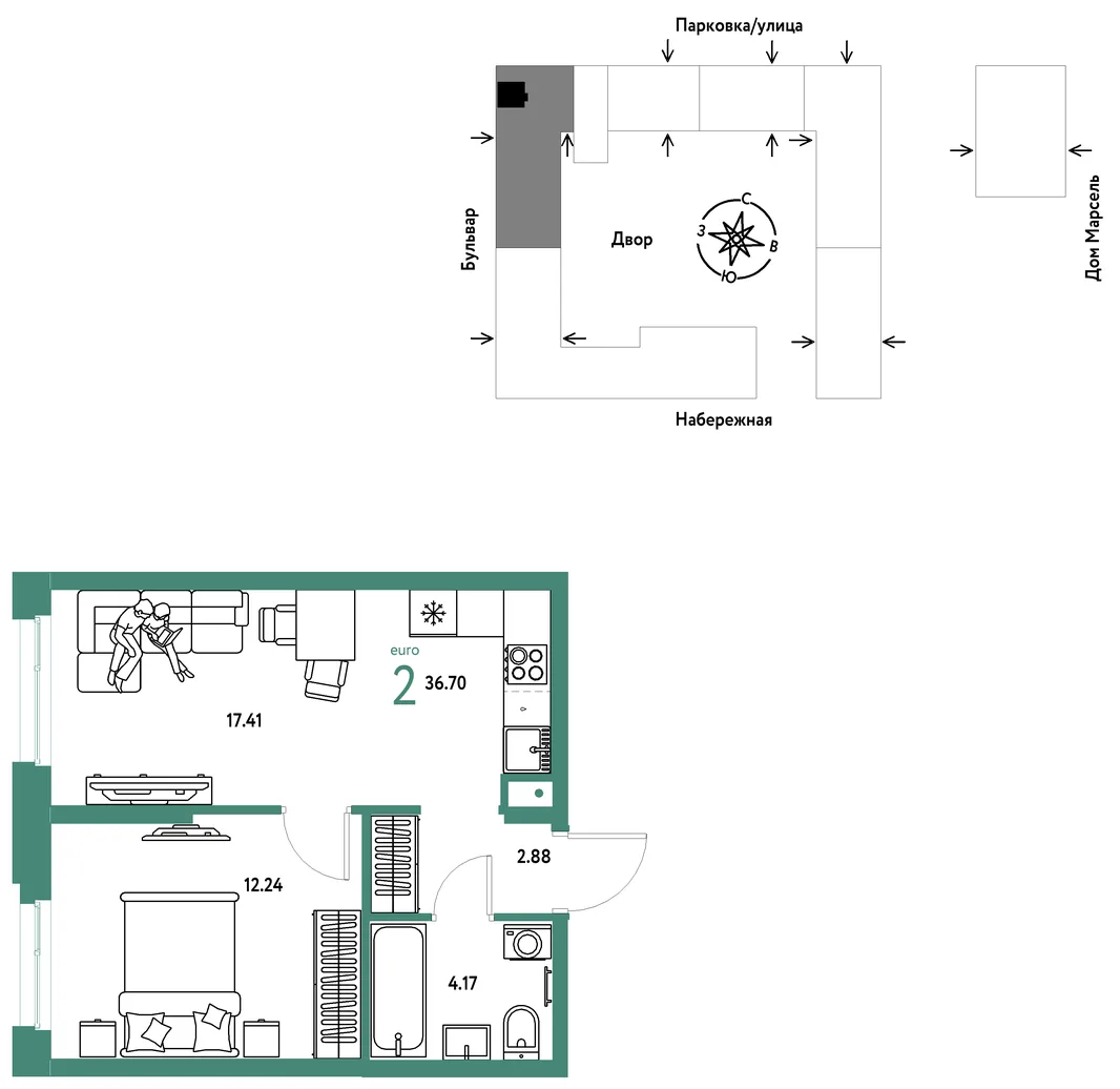 Планировка 2-комн. квартира, 36.7 м² ЖК «Европейский берег 2.0»