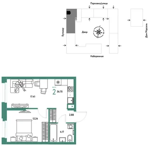 Планировка 2-комн. квартира, 36.7 м² ЖК «Европейский берег 2.0»