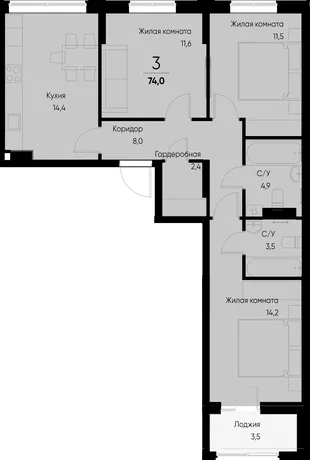 Планировка 3-комн. квартира, 74 м² ЖК «Васильевский остров»