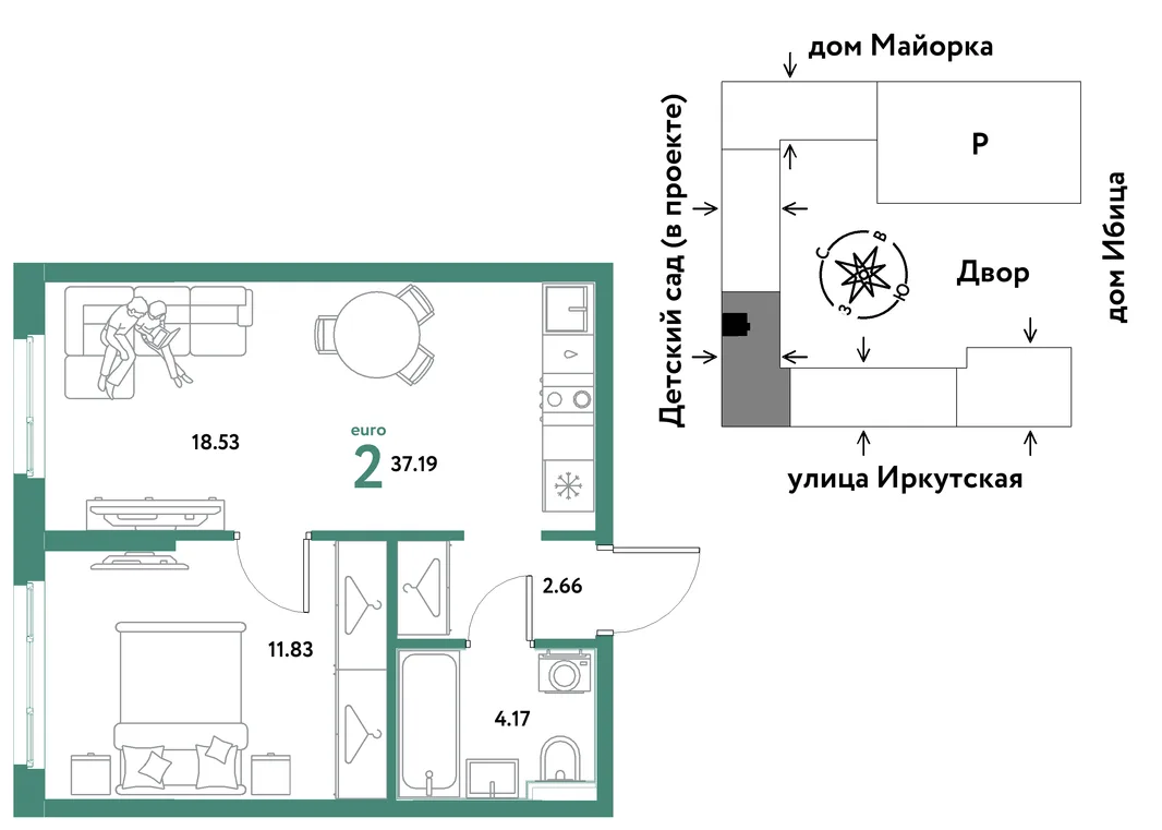 Планировка 2-комн. квартира, 37.19 м² ЖК «Остров-сад»