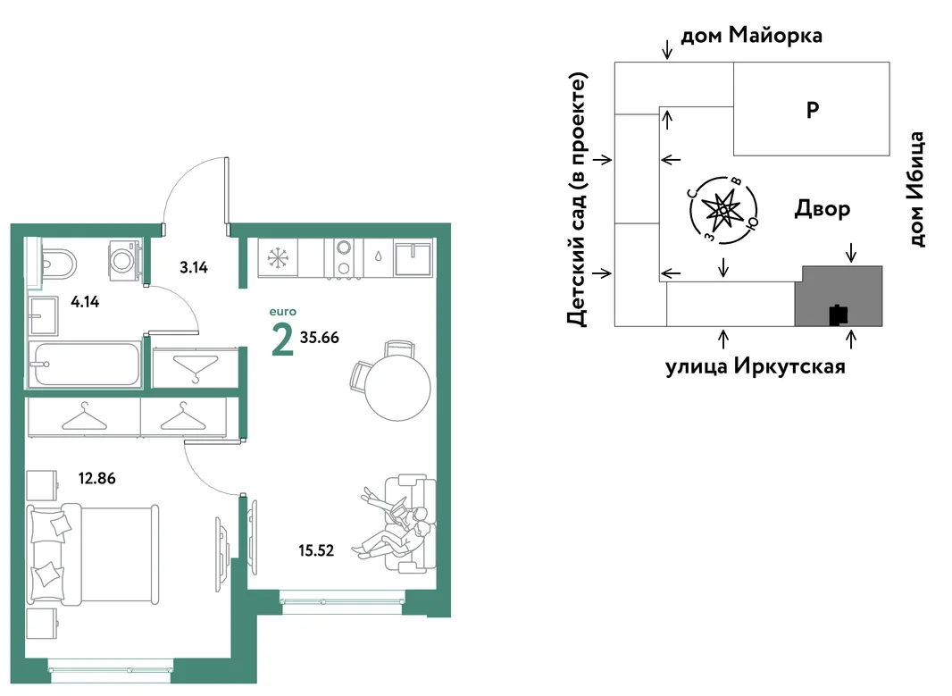 Планировка 2-комн. квартира, 35.66 м² ЖК «Остров-сад»