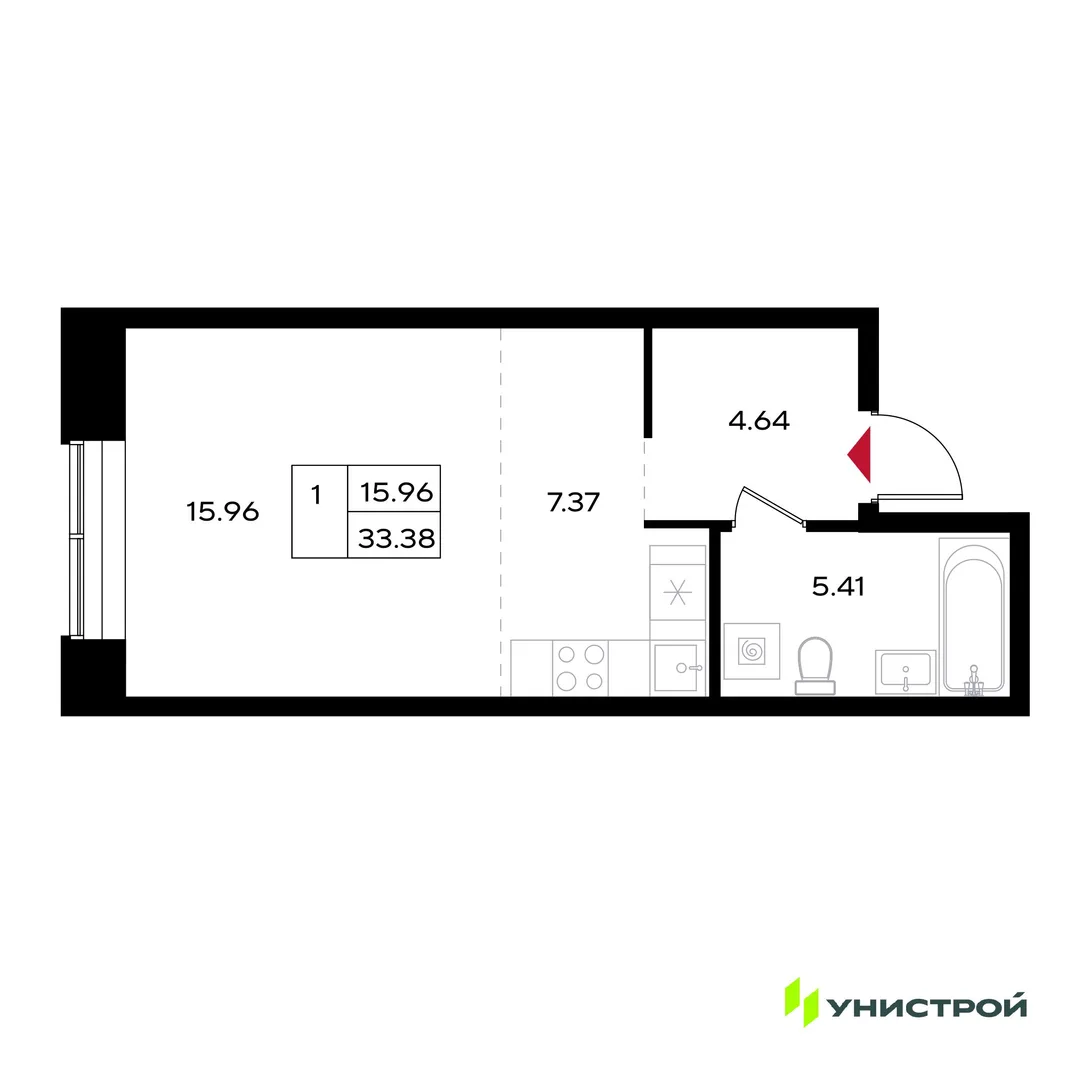 Планировка 1-комн. квартира, 33.38 м² ЖК «Уникум на Энгельса»