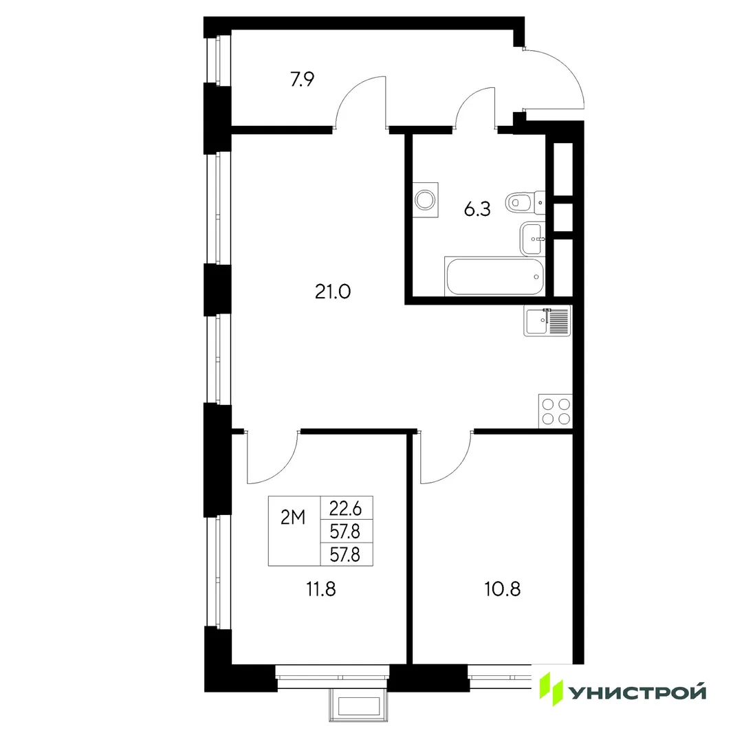 Планировка 2-комн. квартира, 57.8 м² ЖК «Стадиум»