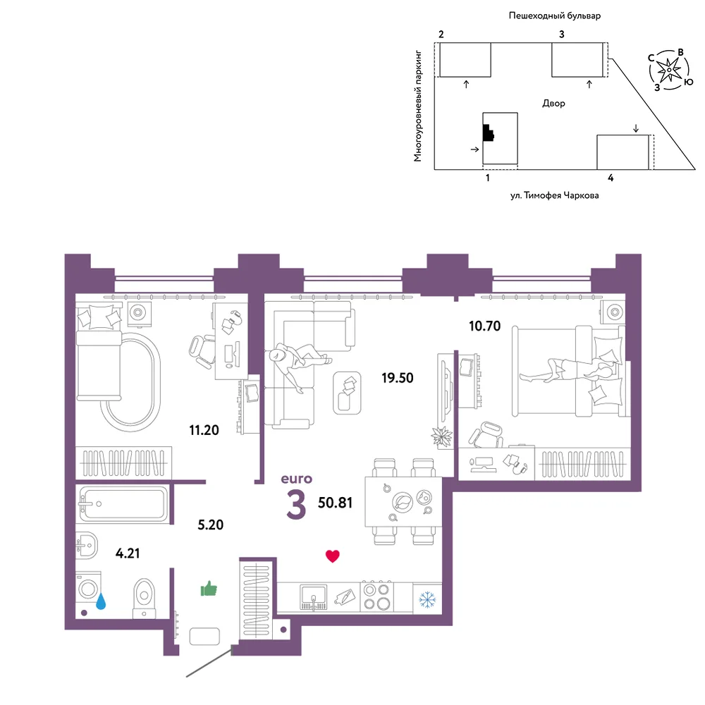 Планировка 3-комн. квартира, 50.81 м² ЖК «Микрорайон Звездный»