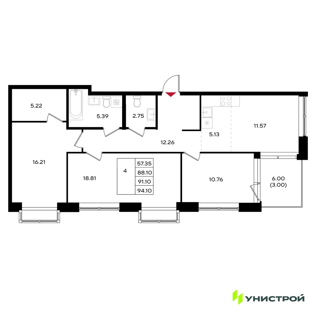 Планировка 4-комн. квартира, 91.1 м² ЖК «Уникум на Энгельса»