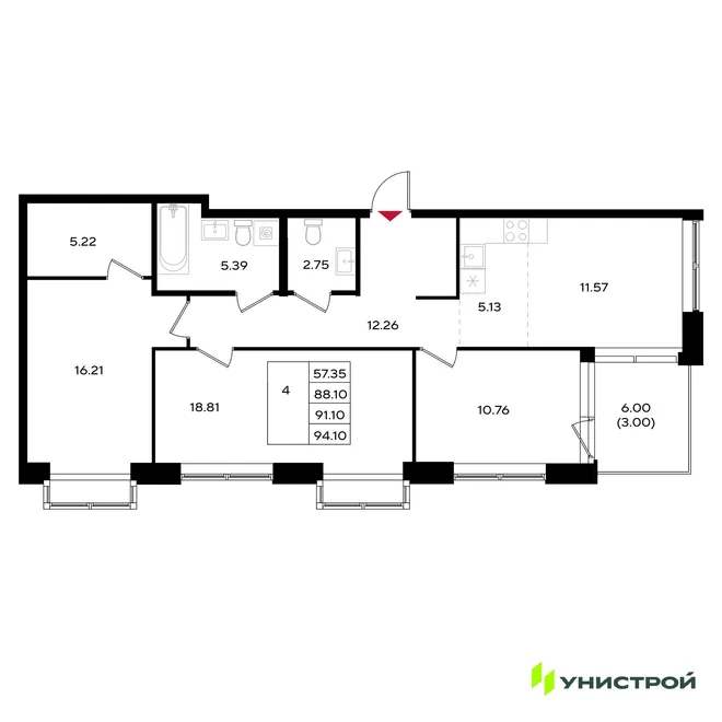 Планировка 4-комн. квартира, 91.1 м² ЖК «Уникум на Энгельса» Планировка 4-комн. квартира, 91.1 м² ЖК «Уникум на Энгельса»