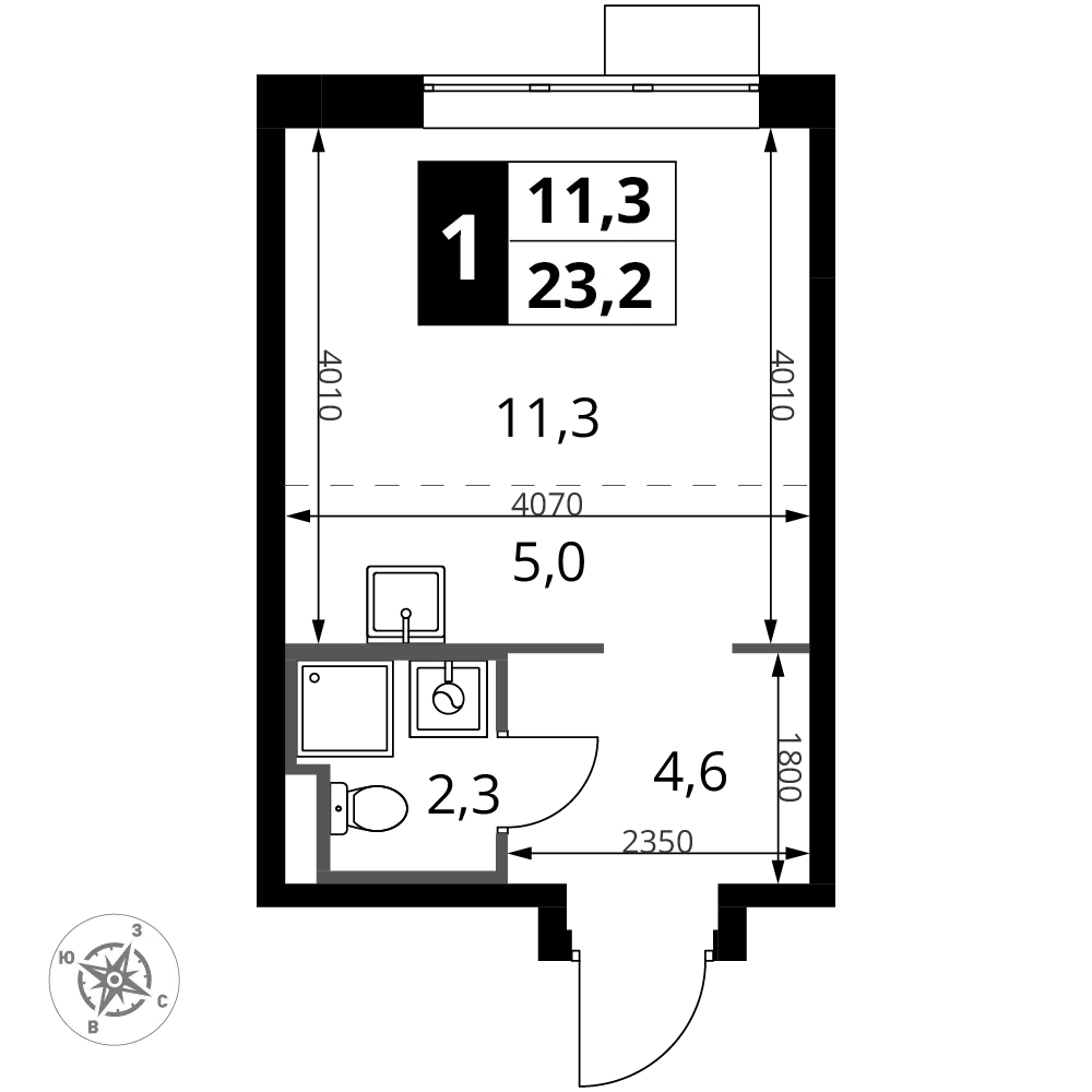 Планировка Студия, 23.2 м² ЖК «1-й Донской»