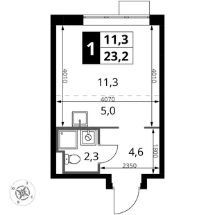Планировка Студия, 23.2 м² ЖК «1-й Донской»
