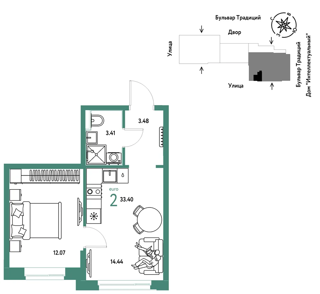 Планировка 2-комн. квартира, 33.4 м² ЖК «Микрорайон Домашний»