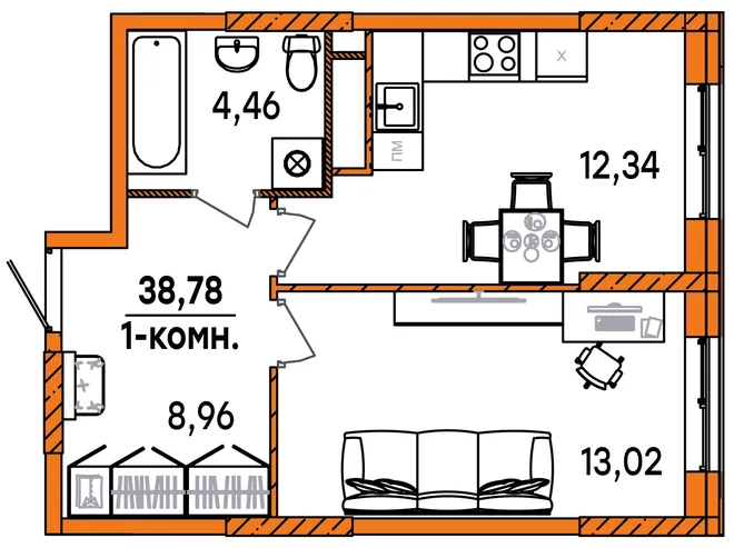 Планировка 1-комн. квартира, 38.78 м² ЖК «Юность» Планировка 1-комн. квартира, 38.78 м² ЖК «Юность»