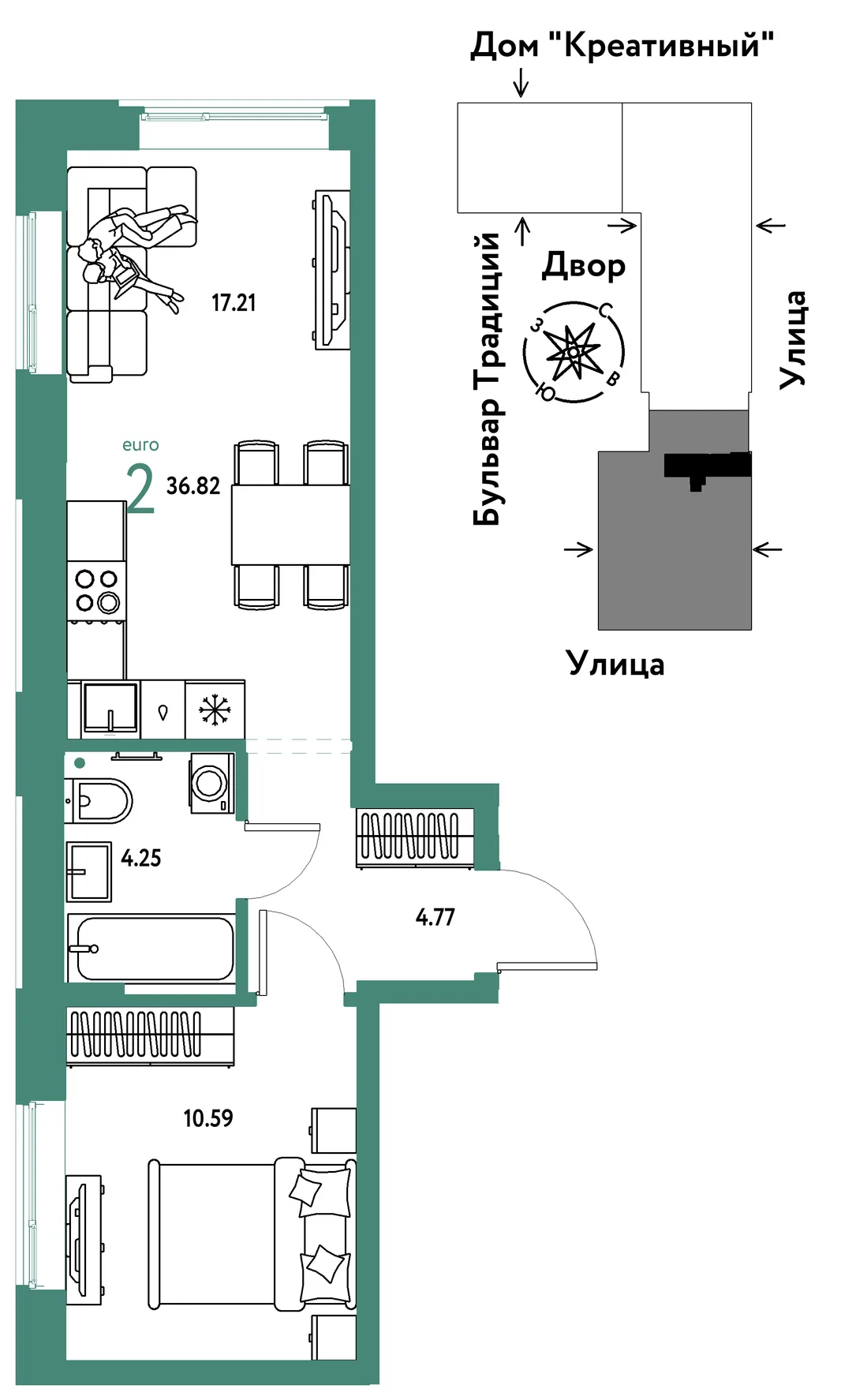 Планировка 2-комн. квартира, 36.82 м² ЖК «Микрорайон Домашний»