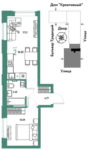 Планировка 2-комн. квартира, 36.82 м² ЖК «Микрорайон Домашний»